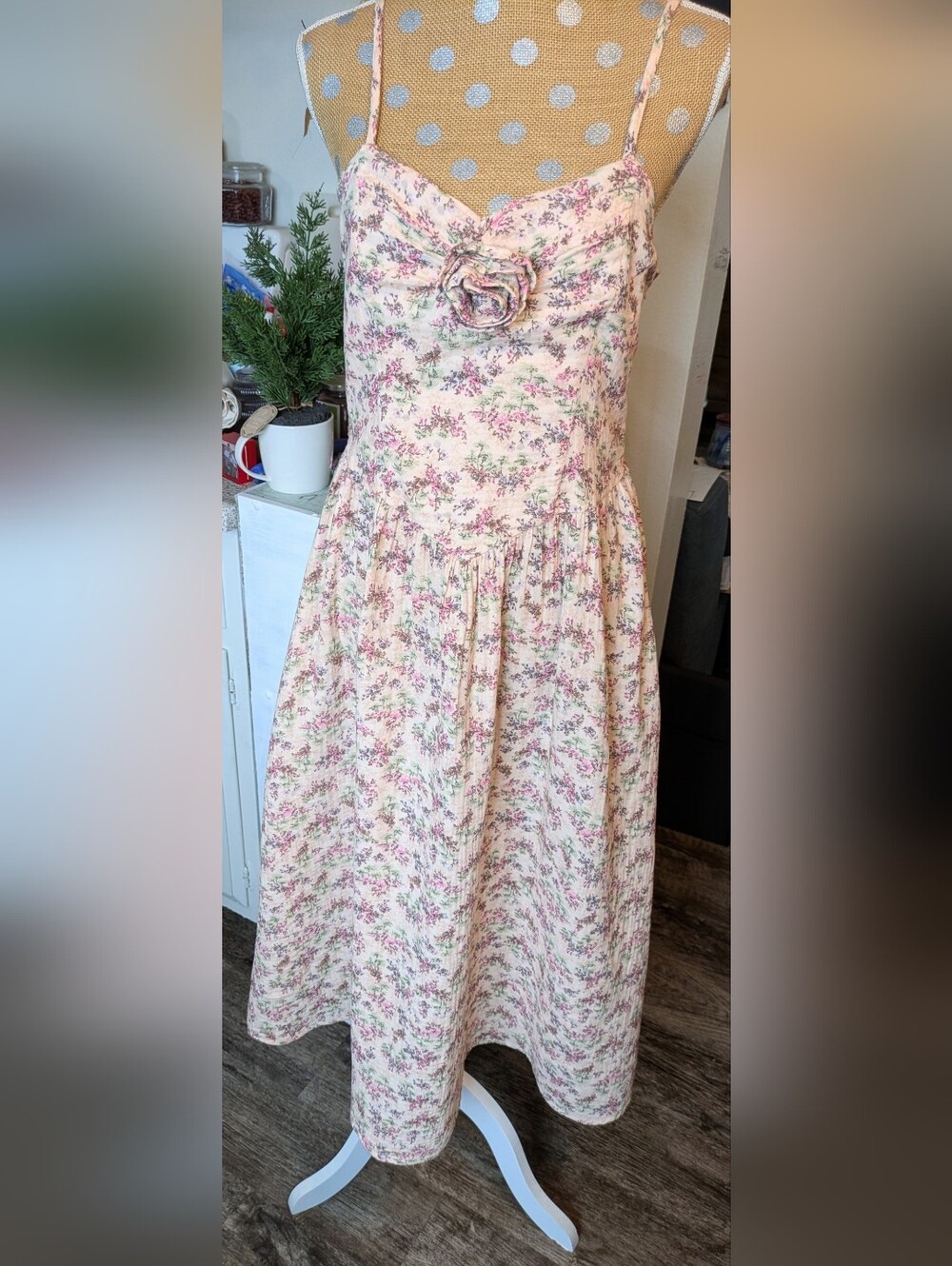 Cottagecore Light Pink and Cream Smocked Cotton Dress